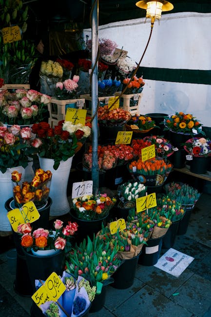 A vibrant outdoor flower market display showcasing a variety of fresh flowers arranged in black buckets and baskets. Prominent among them are pink and white roses, red blooms, and multicoloured tulips