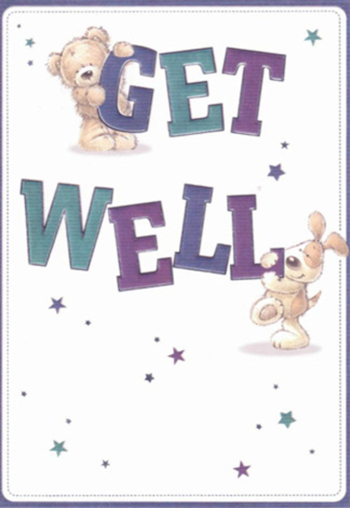 This get well card captures the essence of gentle encouragement and heartfelt connection, reflected through charming illustrations that echo the warmth of Tadworth's close-knit community. A friendly bear and an exuberant puppy share center stage, surrounded by whimsical stars that seem to twirl through the air with an infectious sense of optimism. The typography is confident and joyful: bold strokes in soothing purples and fresh aquas ground the design, much like a thoughtfully balanced bouquet grounds a room in peace. The illustrated textures-downy fur and velvety-soft ears-add a nearly tactile quality, inviting thoughts of comfort and restoration. Imagine presenting this card alongside a lush, hand-tied arrangement gathered fresh from Flowers Tadworth, each detail carefully considered, like the selection of every stem for a healing bouquet. The scene evokes a sense of lightness and assurance akin to the gentle breeze brushing across Tadworth Green, promising brighter days ahead. Whether for a child recovering at home on The Avenue or an adult in need of a little lift, this design radiates simple, heartfelt care. The overall mood is one of quiet celebration, where artistic intention and local hospitality combine to offer genuine solace.
