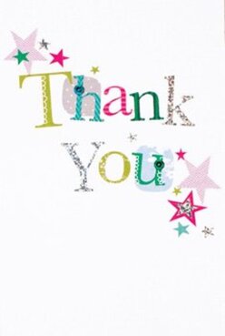 This thank you card radiates delight, its vibrant hues and playful details immediately conjuring the festive feeling of a neighborhood celebration near Tadworth's Walton Heath or during a cheerful garden gathering. Across the pure, snow-white surface, the words 'Thank You' are stitched in an eclectic mix of lime, sky blue, and vivid pink-each letter distinct, some shimmering with silver highlights, others enlivened by dotted patterns or neat little stitches, as if pieced together by loving hands. Dotted around the message are clusters of twinkling stars in shades of magenta, turquoise, and golden yellow, their confetti-like presence lending the card an unmistakable sense of joy and sincerity. The print itself offers a gentle glint-a whisper of glitter in the silver tones that responds beautifully to the ambient Surrey light streaming in through local shopfronts. It's not hard to imagine this card selected at a floristry counter in Tadworth, perhaps at Flowers Tadworth, and paired with a bouquet of fresh, locally sourced blooms destined for a neighbor on Station Approach. The carefully balanced design evokes the thoughtful artistry we strive for in each arrangement: creative, personal, and always with the recipient's happiness in mind. The pristine backdrop ensures every lively detail captures the spirit of heartfelt thanks-a card that promises to make both sender and recipient feel truly appreciated.